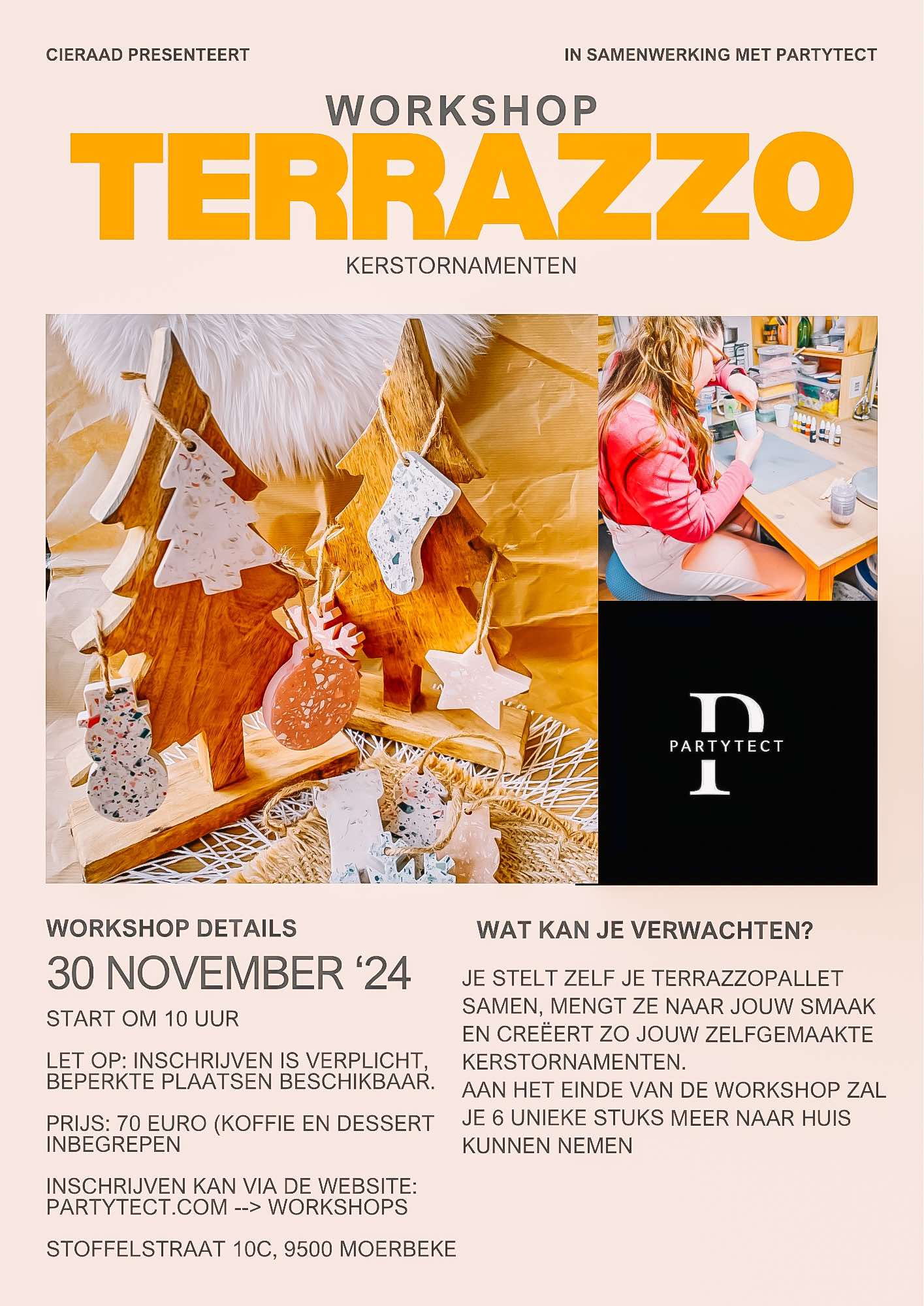 Workshop Terrazzo KERSTORNAMENTEN 30/11/24 om 10u Volwassenen Voorschot €20